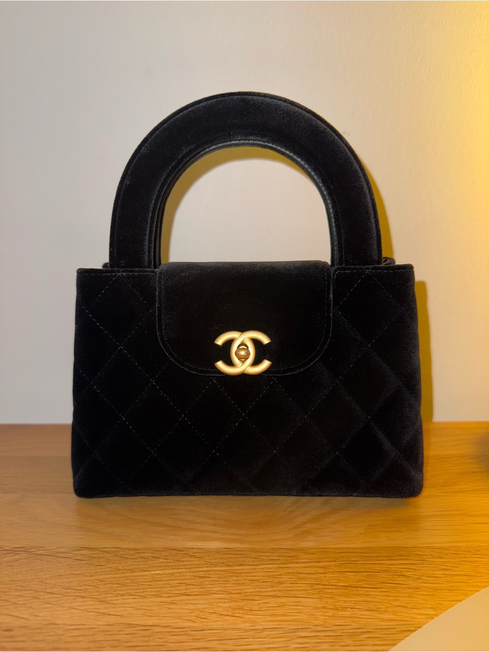 CHANEL Black Quilted Kelly Velvet Top-Handle Bag with Gold CC Hardware